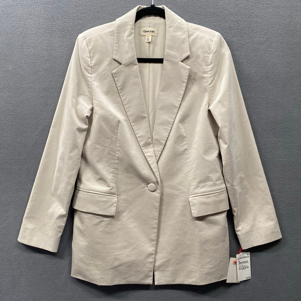 Open Edit Nordstrom One Button Blazer S Grey Moonbeam Neutral Basic Cotton Blend